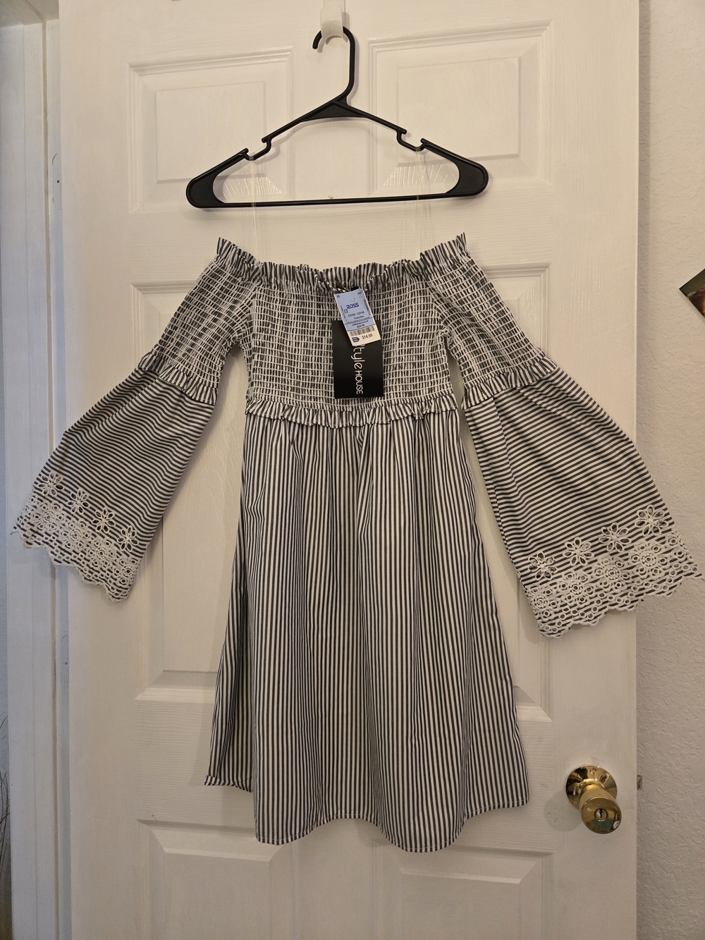 Off-the-Shoulder Black & White Striped Dress with Lace Bell Sleeves, Stylehouse
